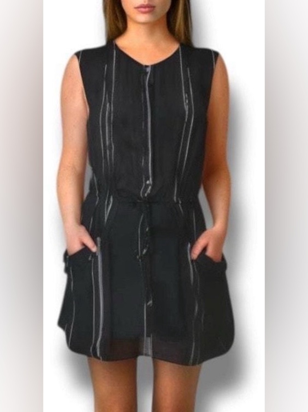 ALC Black Sleeveless Striped Drawstring Dress